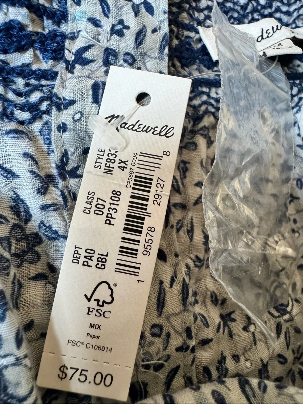 NWT Madewell 4x Jeanette Top Floral Blue Crop Blouse Boho Button Back